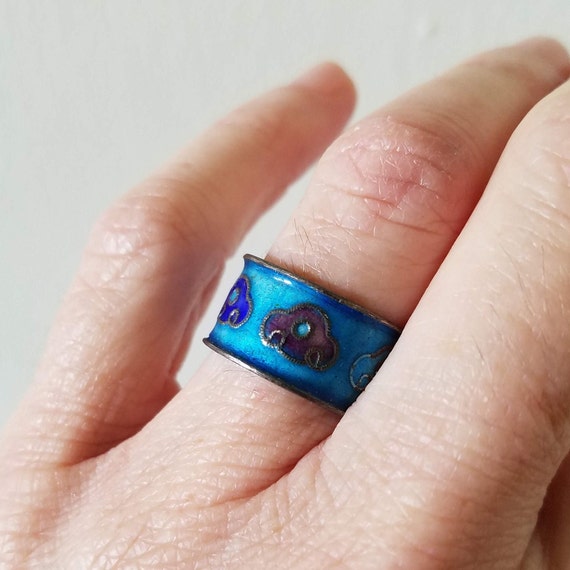 Vintage Enamel and Sterling Ring Band, Size 7.25 - image 1