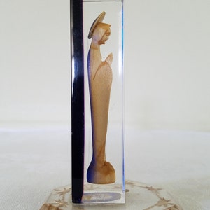 Vintage Small Praying Saint, Hand Carved Wood Set in Lucite, Who is This?