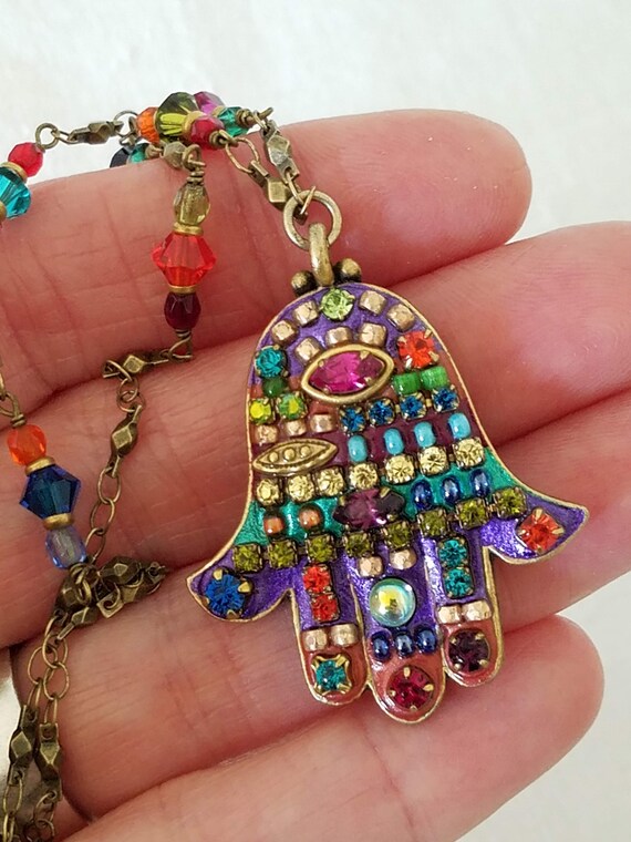 Large Hamsa Pendant Necklace, Hand of Fatima, Cha… - image 2