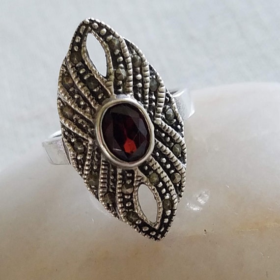 Vintage Sterling, Garnet and Marcasite Ring - image 1