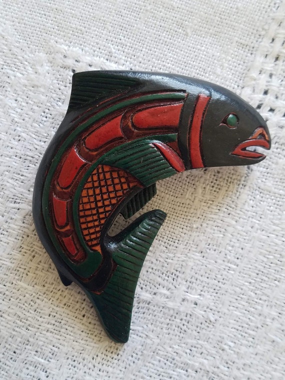 Hand-carved Salmon Fish Pin Brooch by Canadian Ar… - image 5