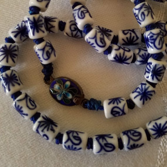 Vintage Blue and White Porcelain Beaded Necklace, 