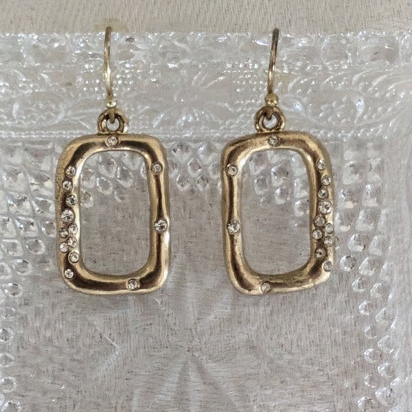 Vintage Gold-tone and Rhinestones Organic Modernist, Rectangular Dangle Drop Earrings