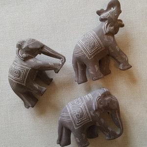 Lot of 3 Vintage Elephants Figurines, Statue, Hand-carved Gray stone