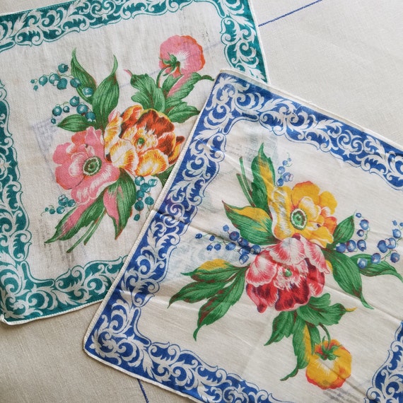 Lot of 2 Vintage Flowered Handkerchiefs - image 1
