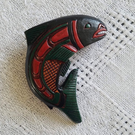 Hand-carved Salmon Fish Pin Brooch by Canadian Ar… - image 1