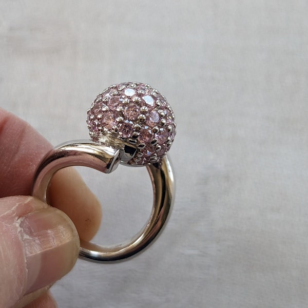 Vintage Signed Belle Etoile Sterling Silver Pink Rhinestone Pop Sputnik Ball Ring