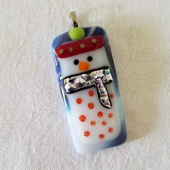 Snow Person Snowman Fused Glass Dichroic Glass Ha… - image 1