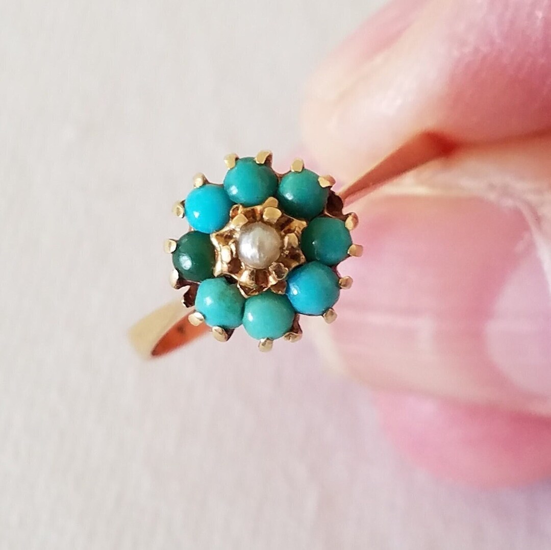 Antique Victorian 18K Gold Turquoise and Seed Pearl Cluster Ring