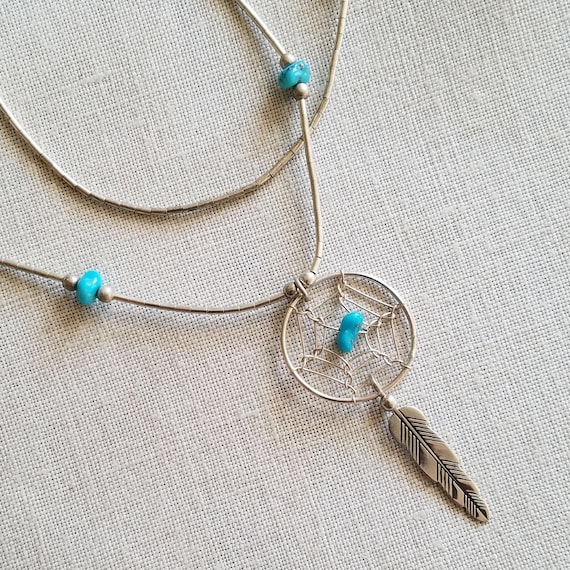 Vintage Liquid Silver and Turquoise Dreamcatcher … - image 1