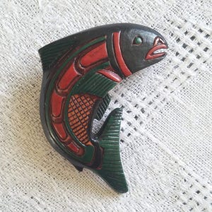 Hand-carved Salmon Fish Pin Brooch by Canadian Artisan Artie George