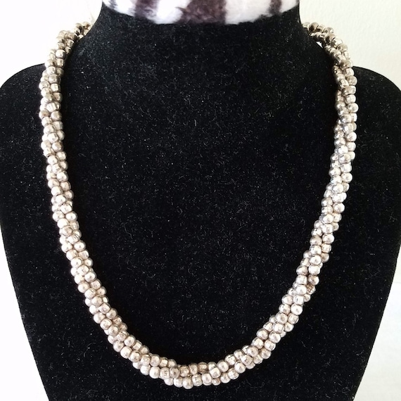 Vintage 3-Strand Beaded Sterling Silver Necklace —