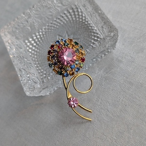 Vintage Gold-tone Multi-colored Rhinestones Flower Pin Brooch, Floral, Mid-Century Pin