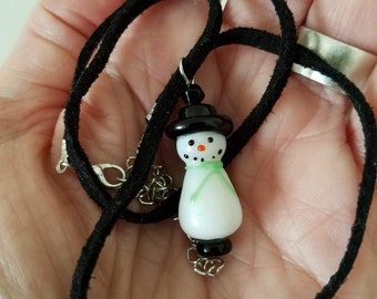 Snow Person Pendant on Leather Adjustable Cord Necklace, Handblown Handmade Glass Snow Person, Snowman