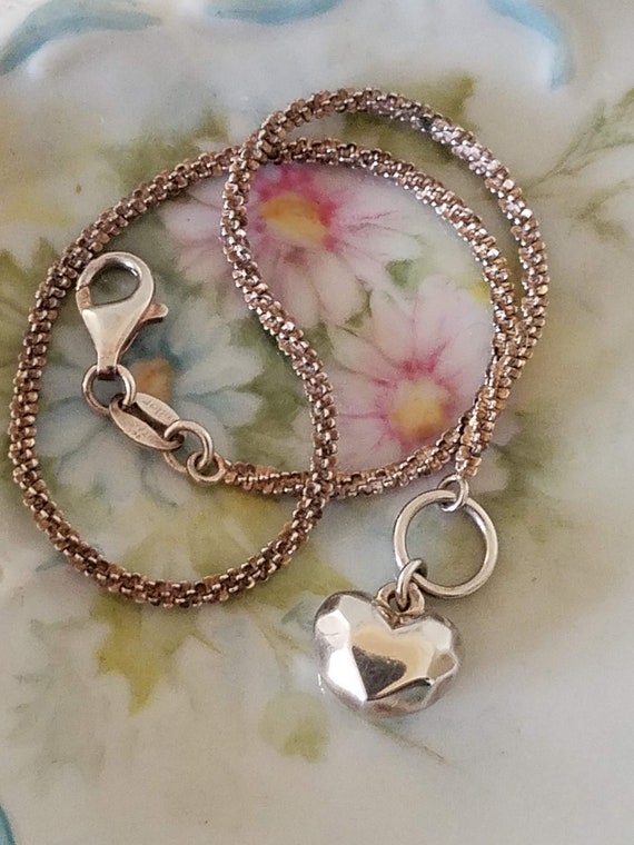 Vintage Sterling Silver Puffy Heart Anklet, ANKLE… - image 9