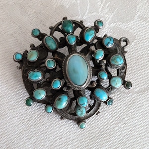 Antique Austro-Hungarian Silver and Turquoise Brooch Pin -- Rare!