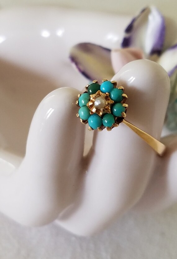 Antique Victorian 18K Gold Turquoise and Seed Pearl Cluster Ring