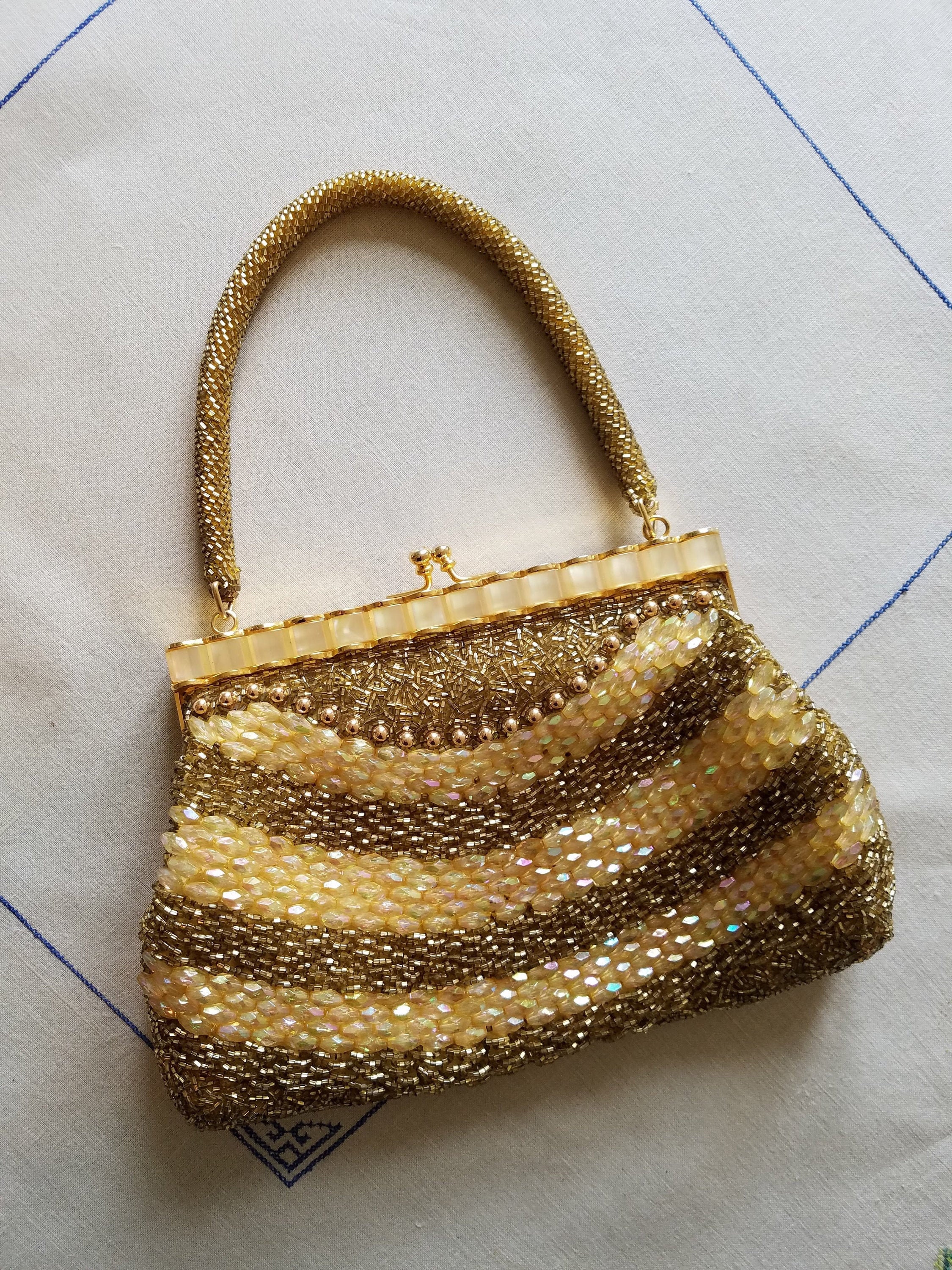 Terrific Vintage Beaded Purse Mother of Pearl Handbag 