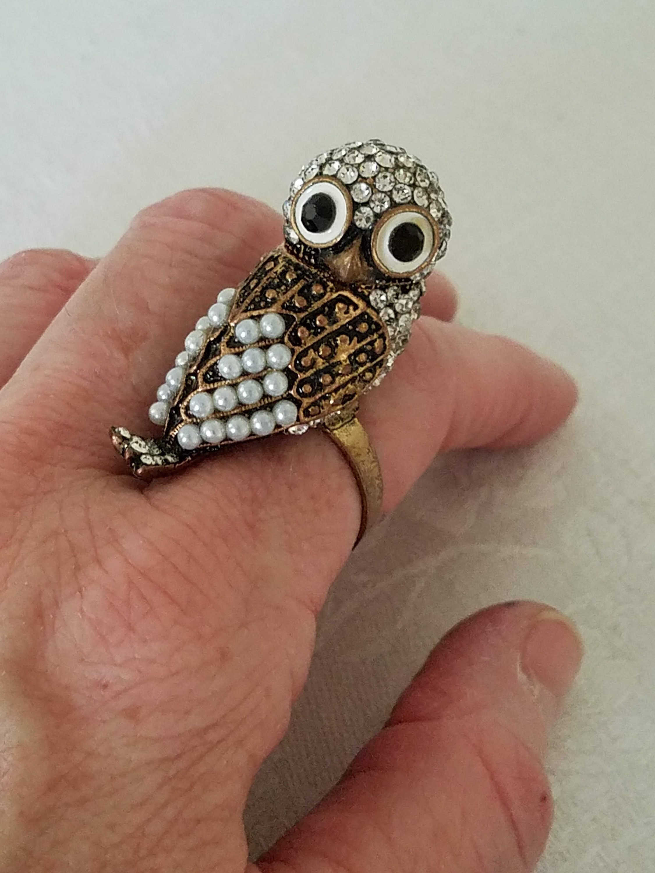 UK Size K Vintage style enamel and crystal owl and flower ring 