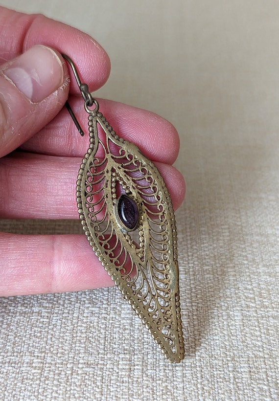 Vintage Brass Filigree Dangle Drop Earrings with … - image 2