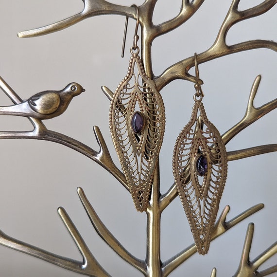Vintage Brass Filigree Dangle Drop Earrings with … - image 1