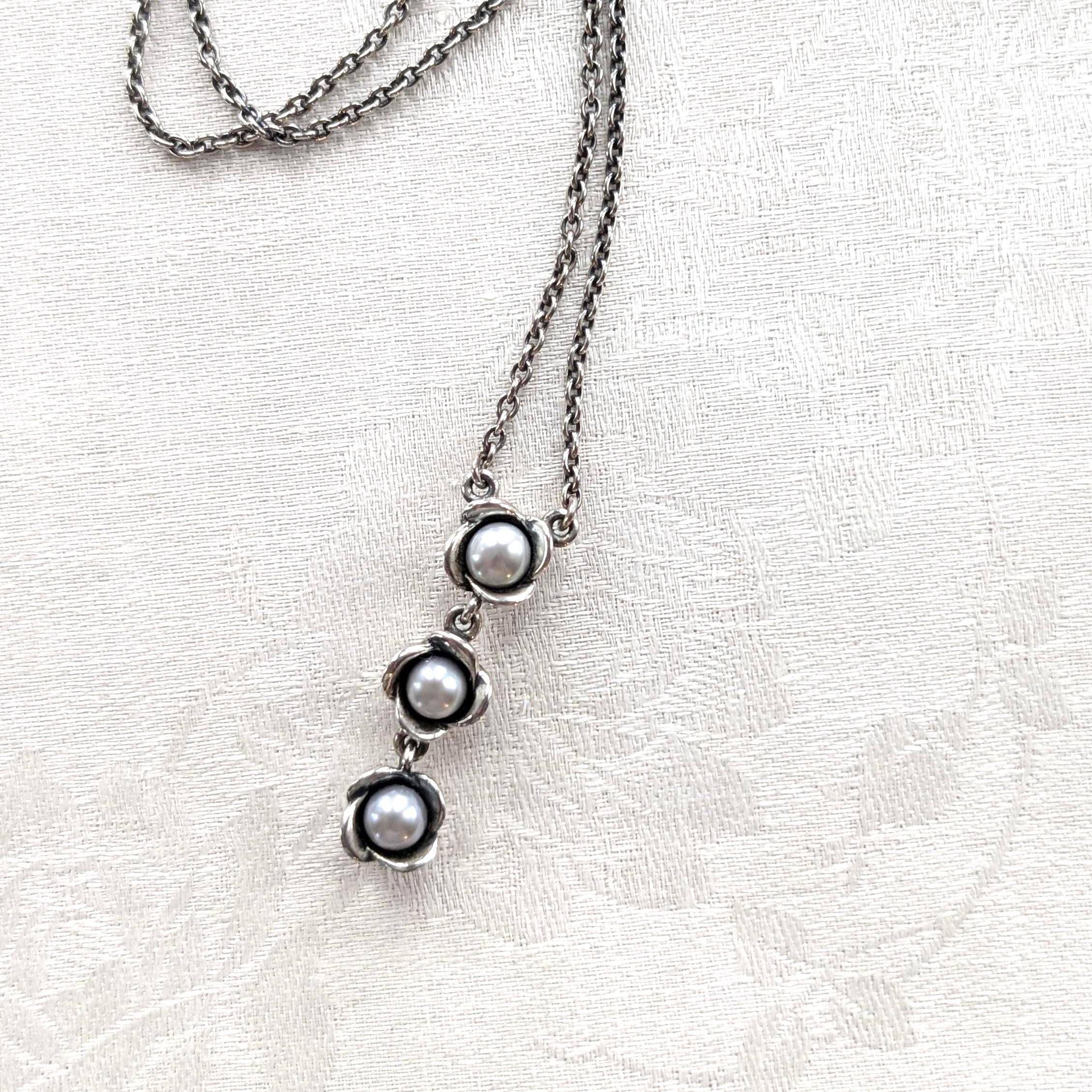 Vintage Sterling Silver Chain Necklace With 3 Pearl Flower Dangle