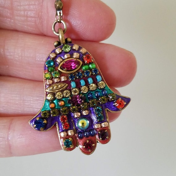 Large Hamsa Pendant Necklace, Hand of Fatima, Cha… - image 1