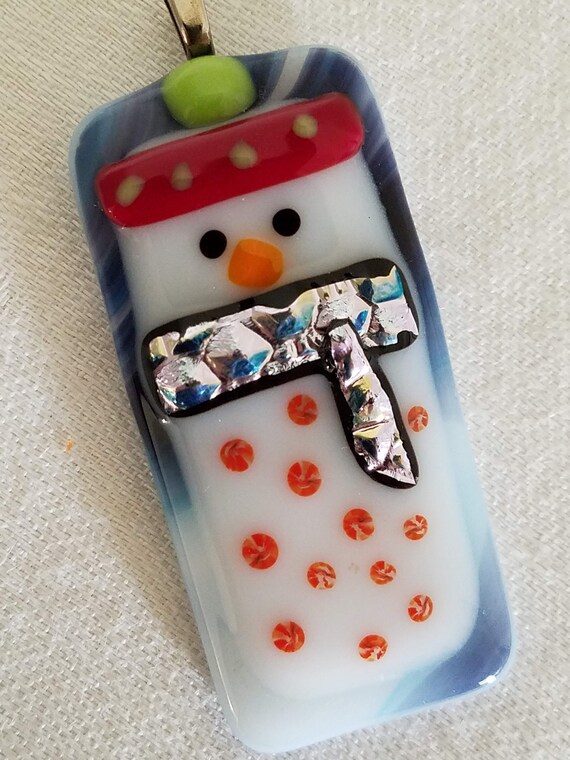 Snow Person Snowman Fused Glass Dichroic Glass Ha… - image 2