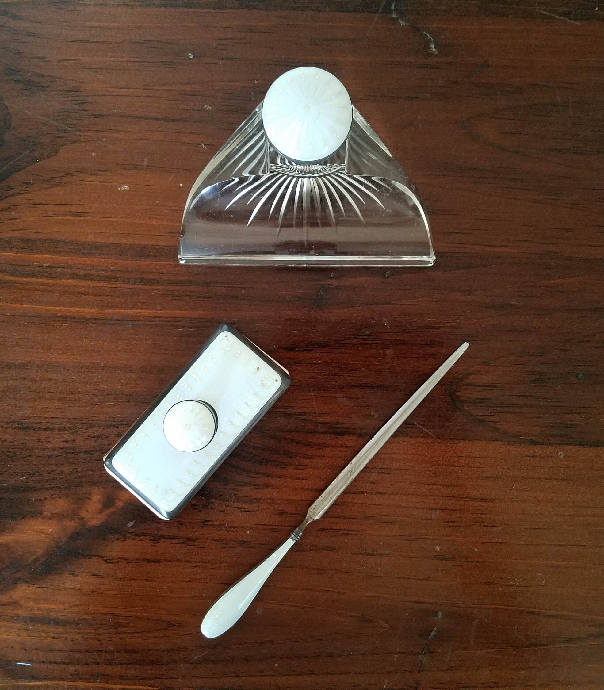 Vintage Desk Set with Quill Pen Inkwell & Ink Blotter- Silver