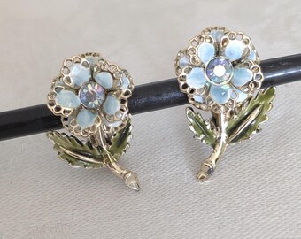 Very Vintage Enamel and Iridescent Rhinestone Flowers Clip-on Earrings