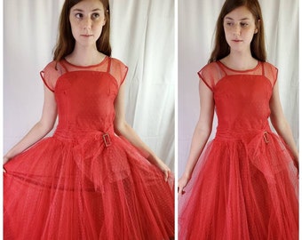 1950s prom dress red tulle taffeta vintage 50s Ketti formal slightly wounded