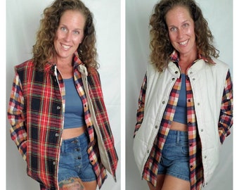 1970s vest plaid vintage 70s reversible puffy jacket