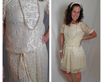 1980s dress lace cream vintage 80s pleated Glenrob drop waist