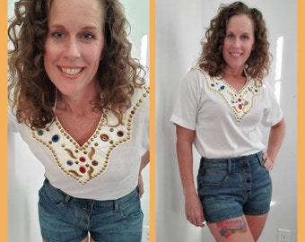 Vintage t-shirt beaded studded 1980s 80s Gepetto blouse