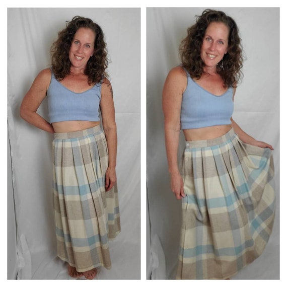 1980s skirt pastel plaid vintage 80s JbJ wool midi - image 1