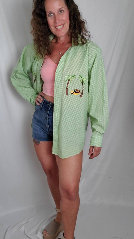 1990s blouse vintage 90s green checkered monkey L… - image 3