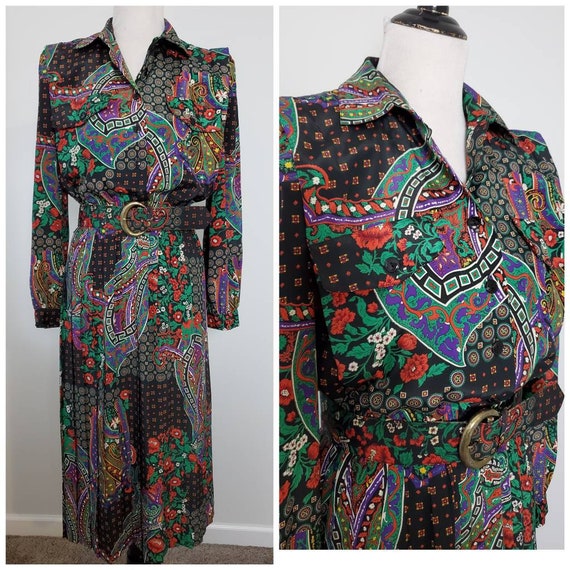 1980s holiday vintage 80s Leslie Fay paisley dress
