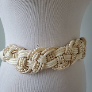 1980s belt fabric vintage 80s ivory gold pearl knot accessory