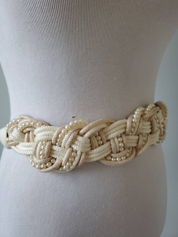 1980s Belt Fabric Vintage 80s Ivory Gold Pearl Knot  display picture 3