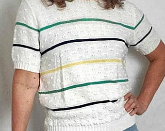 Vintage 80s Striped Knit Top | Short Sleeve Sweater Tee | Coastal Grandmother Style | Preppy Textured Knit Shirt | Size M