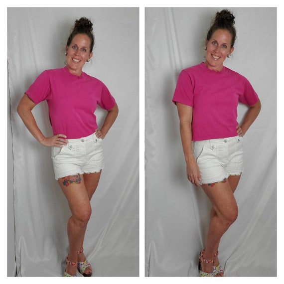 Vintage 80s tee pink single stitch 1980s cropped … - image 1