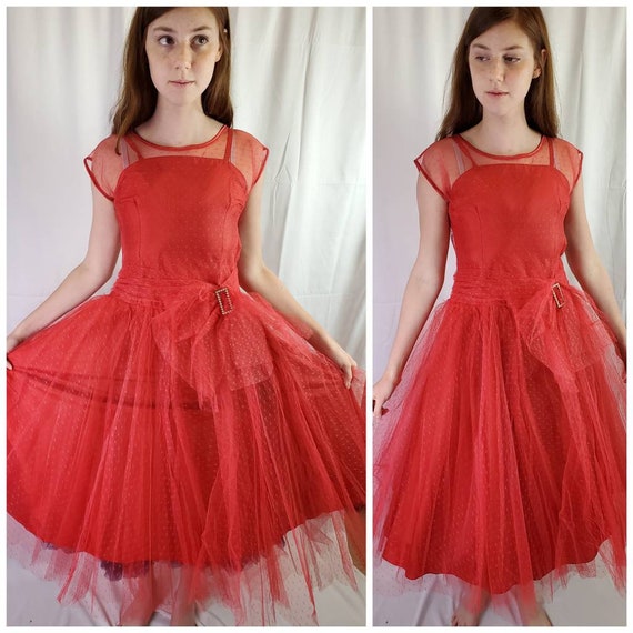 1950s red tulle taffeta vintage 50s Ketti formal r