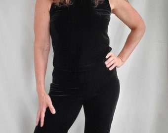 Conjunto de traje de terciopelo vintage de los años 90, Michael Simon, falda, pantalón y blusa.