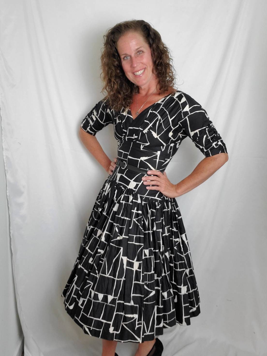 black and cream drop waist dress Vintage 50s Gigi Young | & Cocktail Dress | Abstract Print Pinup Dress | New Look Silhouette | XS SIZE:USA 8 / EU 38 / UK 10 evaluate the fashion and rustic wedding dresses this two