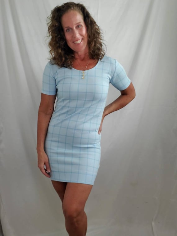 1960s dress mod baby blue vintage 60s plaid mini - Gem