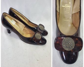 1960s pumps tortoise shell patent leather vintage 60s life stride heel 8AAAA