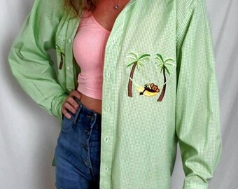 Vintage 90s Green Checkered Blouse | Minimalist Button Up Shirt | Grunge Plaid Top | Casual Oversized Shirt | Size L