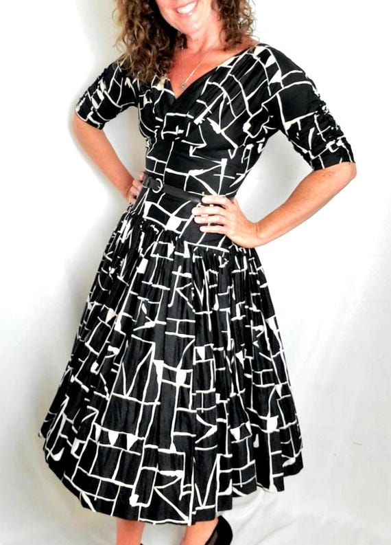Vintage 50s Gigi Young Dress | Black & Cream Drop Waist Cocktail Dress | Abstract Print Pinup Dress | New Look Silhouette | XS