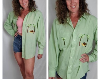 1990s blouse vintage 90s green checkered monkey Las Olas shirt