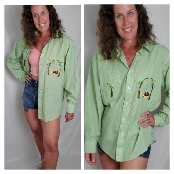 1990s blouse vintage 90s green checkered monkey L… - image 1